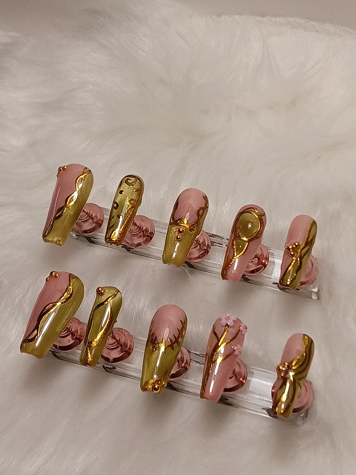Luxury Green Cateye Coffin freestyle Press On nail set