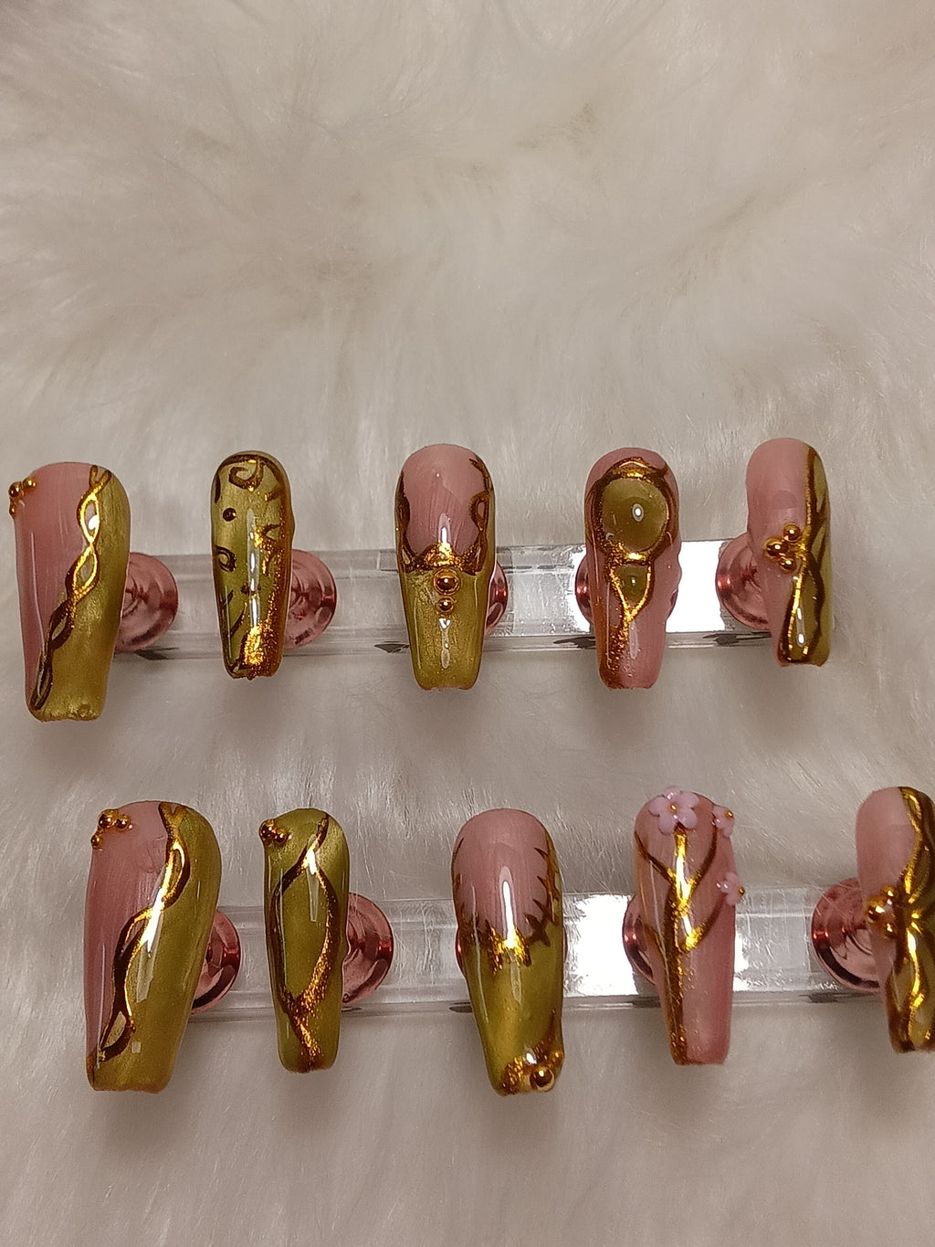 Luxury Green Cateye Coffin freestyle Press On nail set