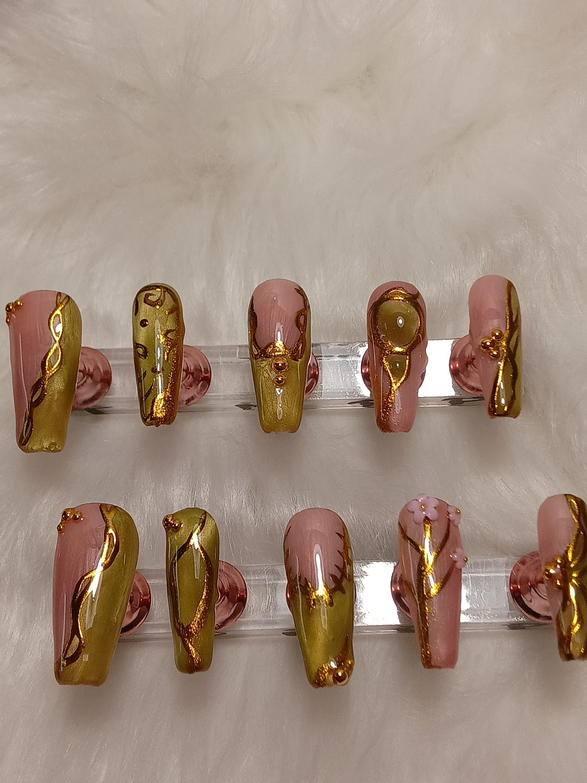 Luxury Green Cateye Coffin freestyle Press On nail set