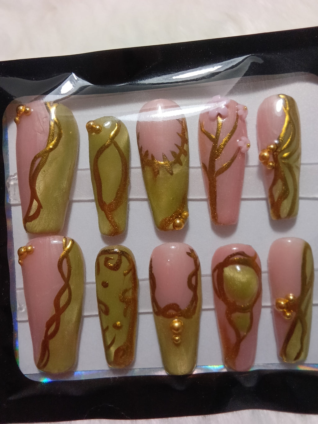 Luxury Green Cateye Coffin freestyle Press On nail set