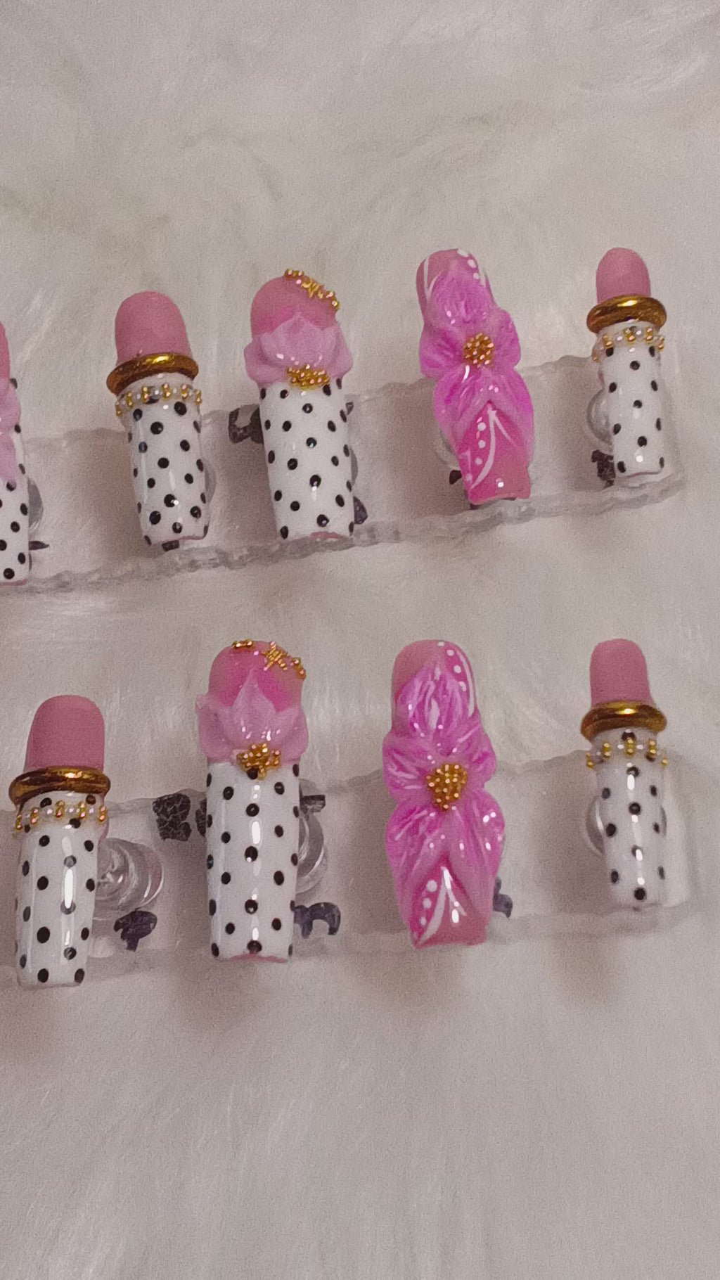 Luxury Black and White Polka-dot  Press On nail set with Pink flowers