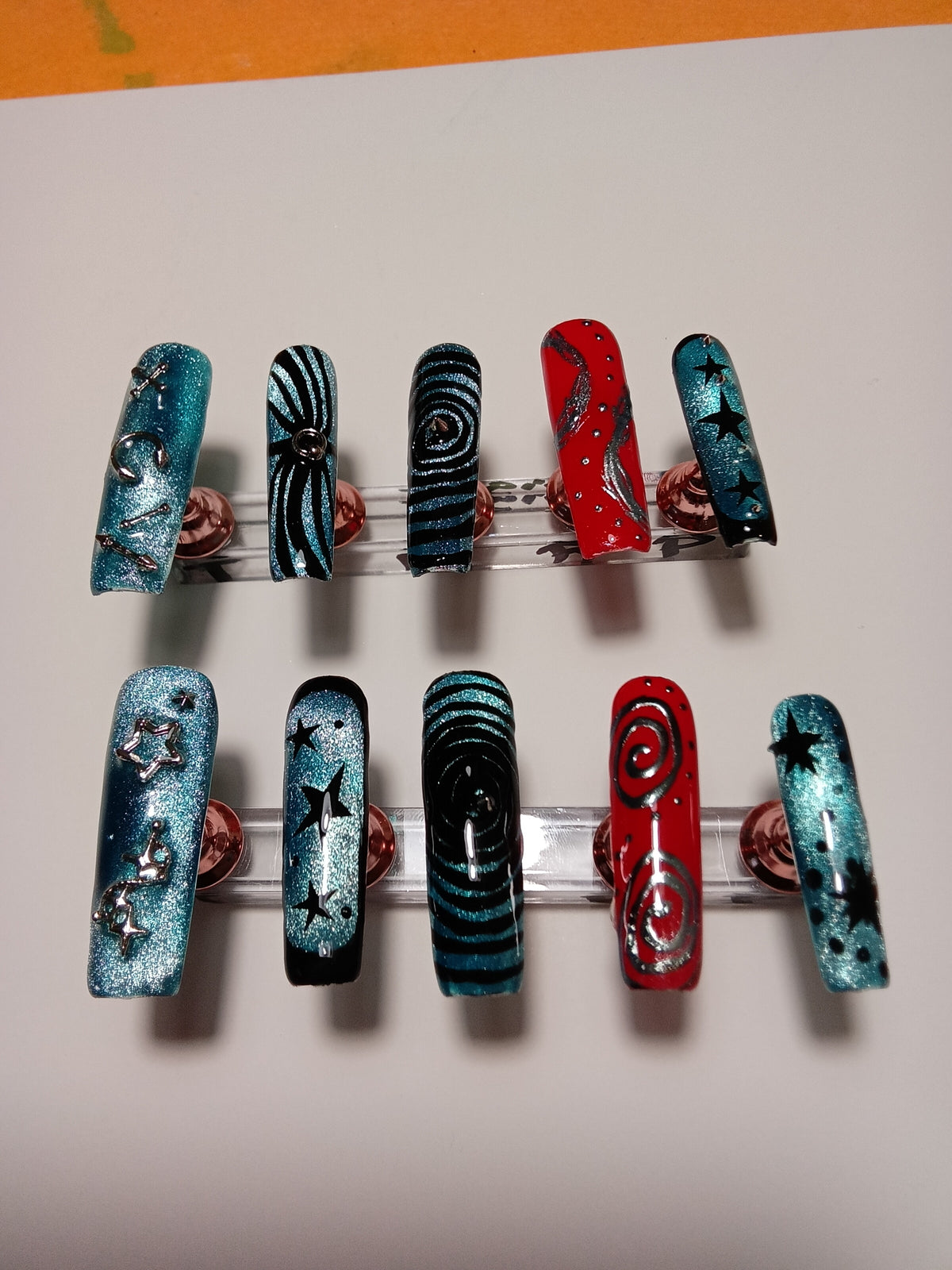 Blue and Red Rockstar Square Press-On Nails: 2XL Length, Glitter, Swirls, Stars
