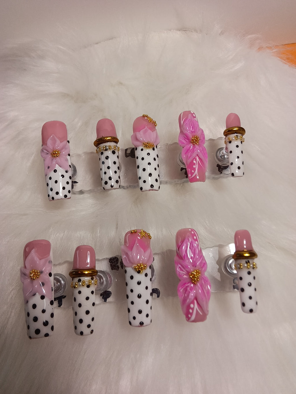Luxury Black and White Polka-dot  Press On nail set with Pink flowers