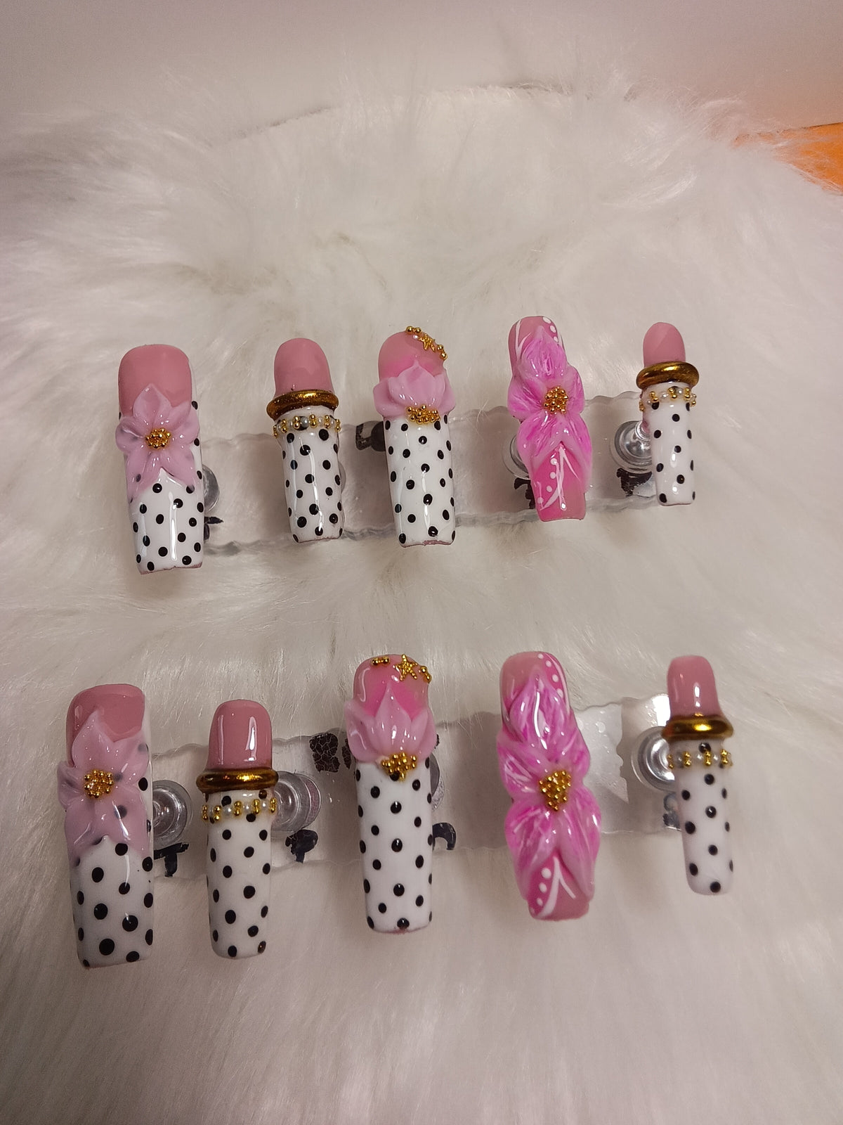 Luxury Black and White Polka-dot  Press On nail set with Pink flowers