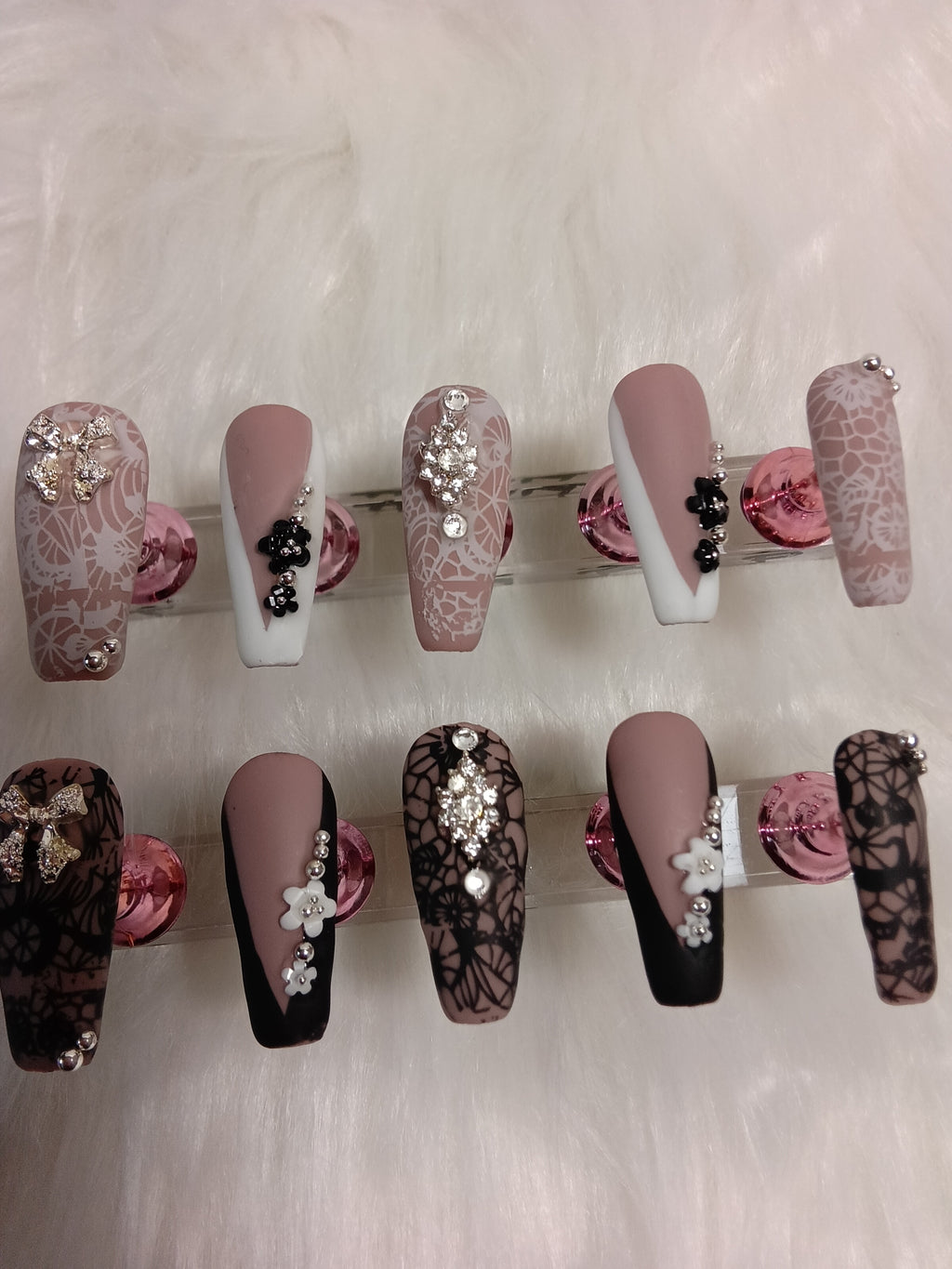 Elegant Matte Black and White Lace Press On nail set