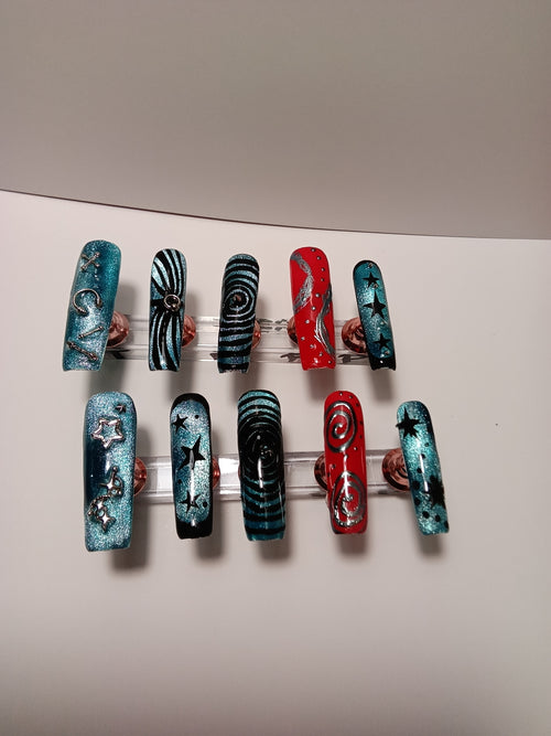 Blue and Red Rockstar Square Press-On Nails: 2XL Length, Glitter, Swirls, Stars