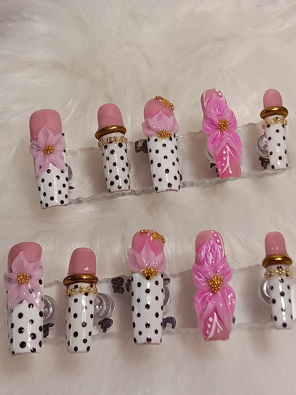 Luxury Black and White Polka-dot  Press On nail set with Pink flowers