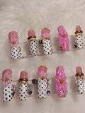 Luxury Black and White Polka-dot  Press On nail set with Pink flowers