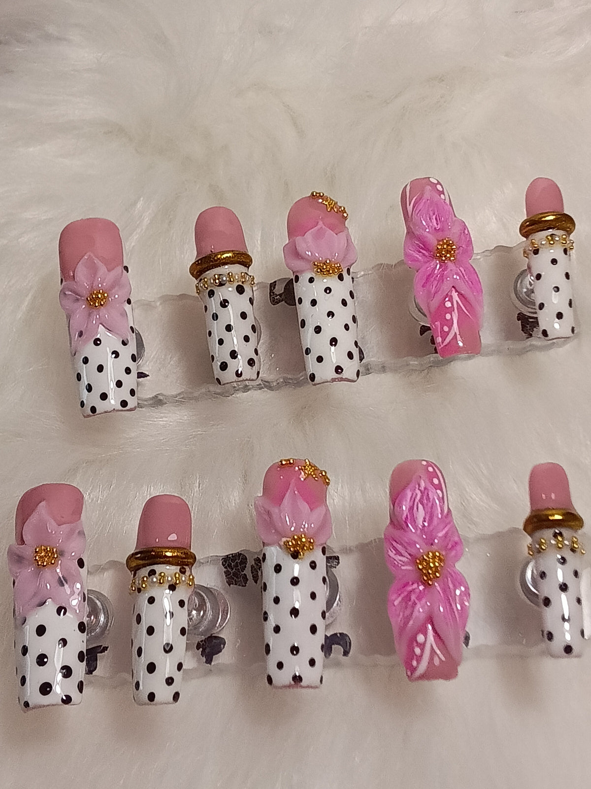 Luxury Black and White Polka-dot  Press On nail set with Pink flowers