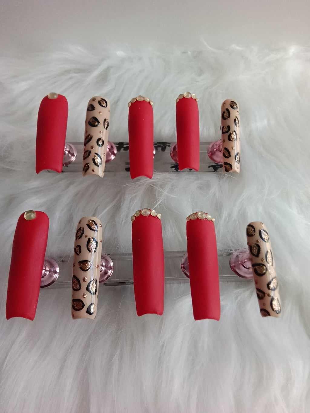 Matte Red and Cheetah print Press On set