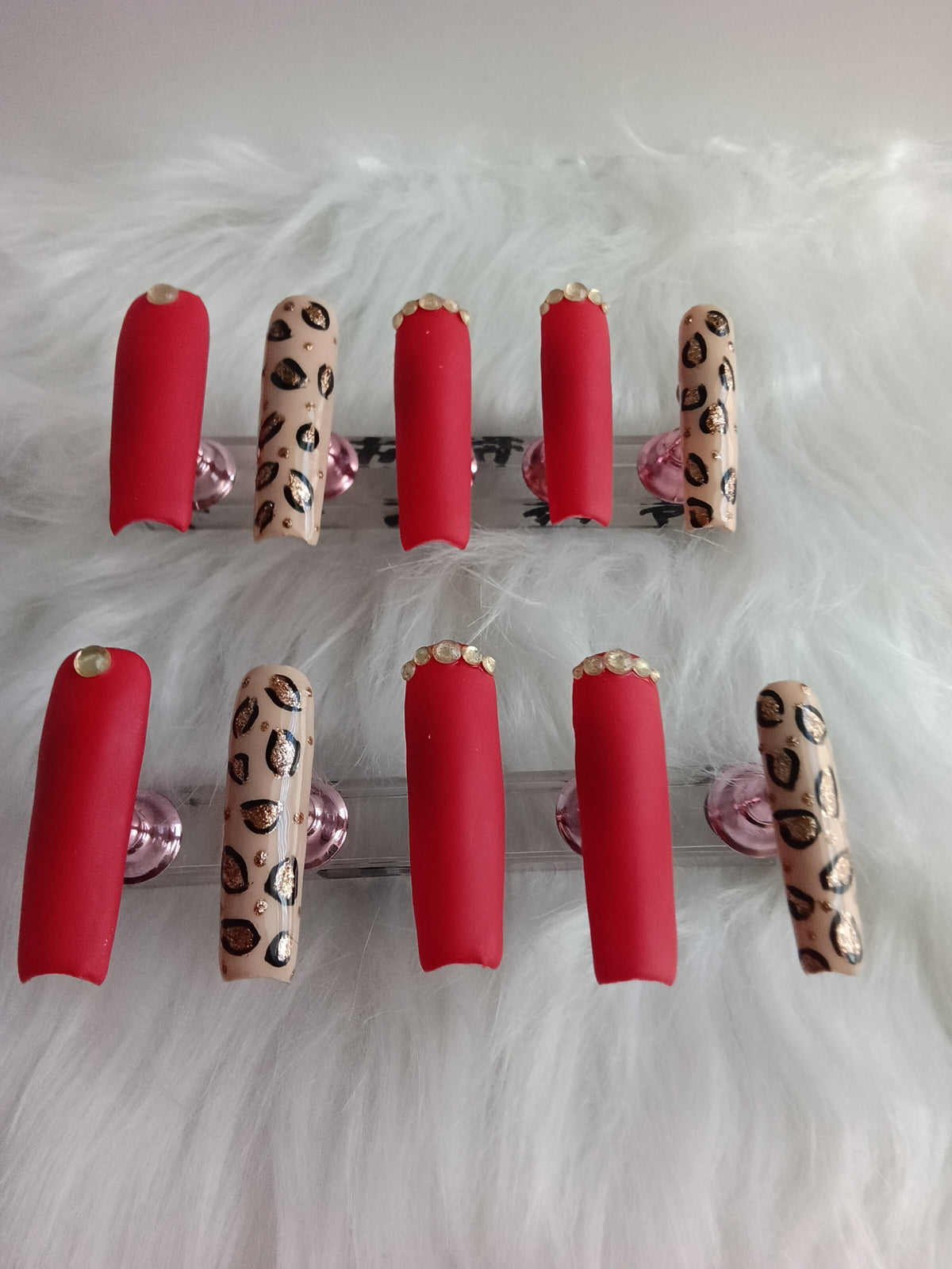 Matte Red and Cheetah print Press On set