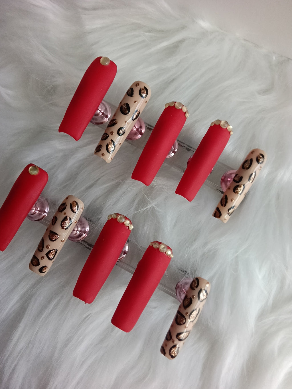 Matte Red and Cheetah print Press On set