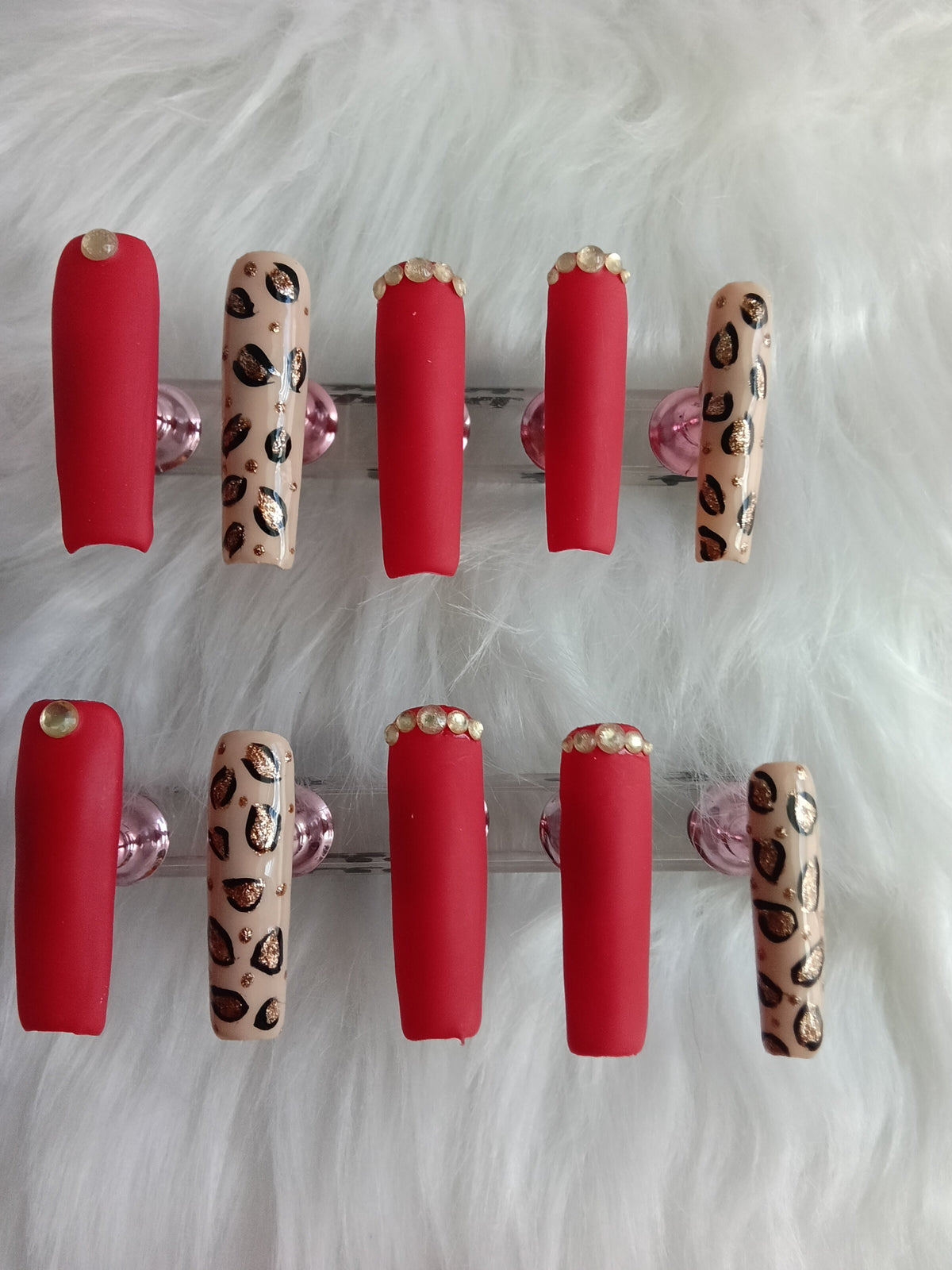 Matte Red and Cheetah print Press On set