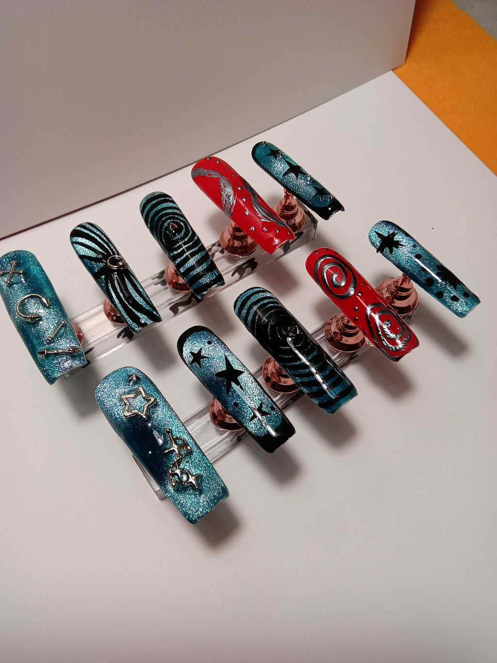 Blue and Red Rockstar Square Press-On Nails: 2XL Length, Glitter, Swirls, Stars