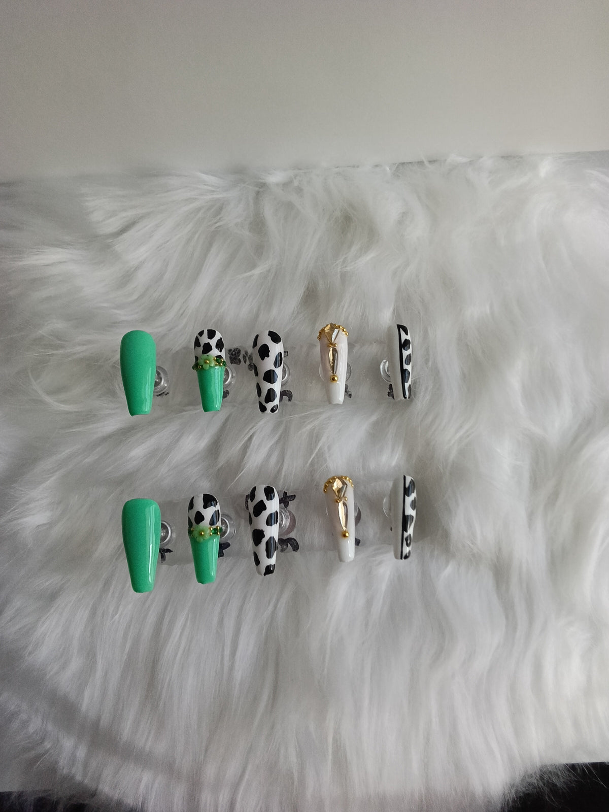 Mint Green and Cow Print handmade Press On set