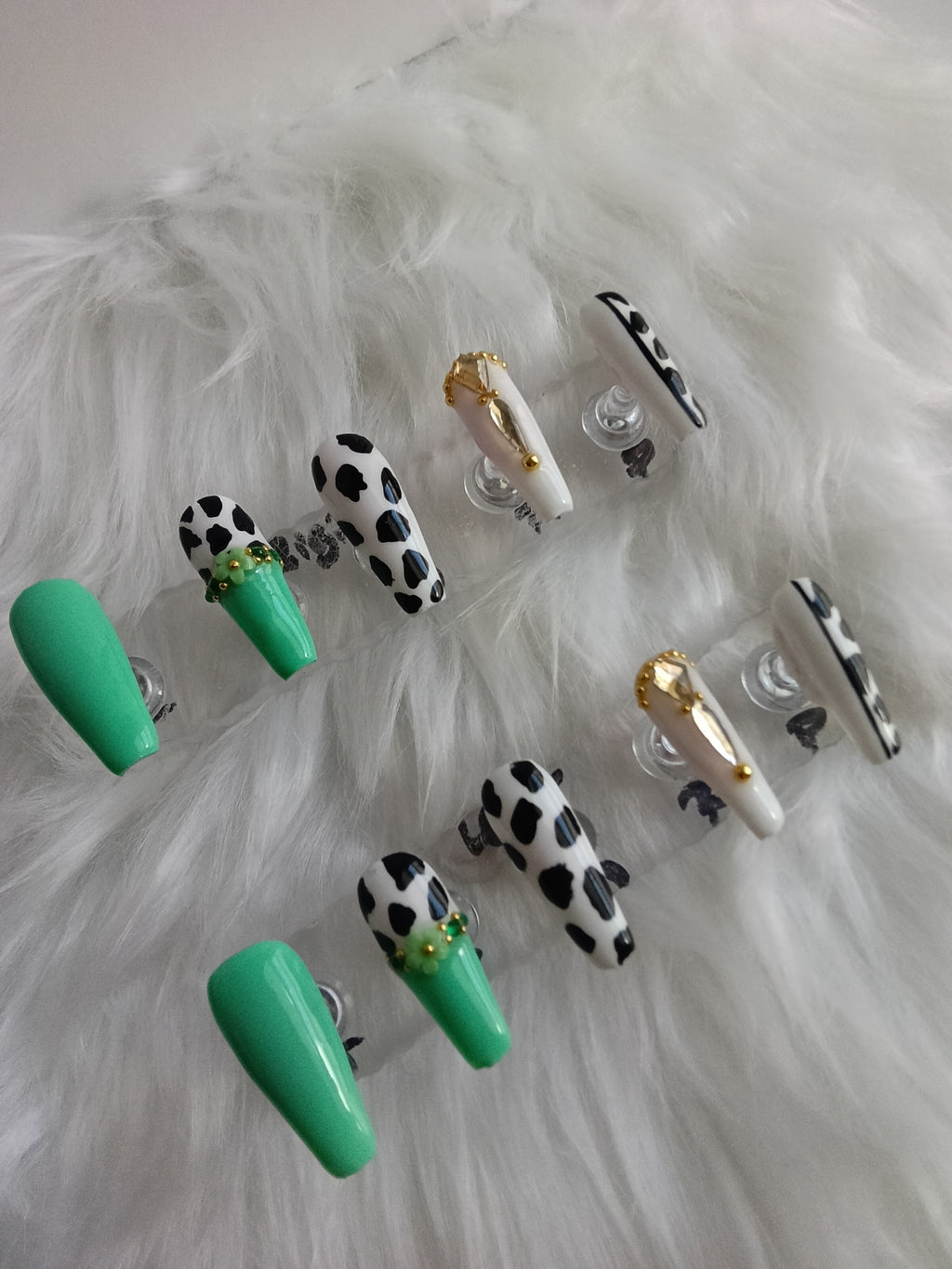 Mint Green and Cow Print handmade Press On set