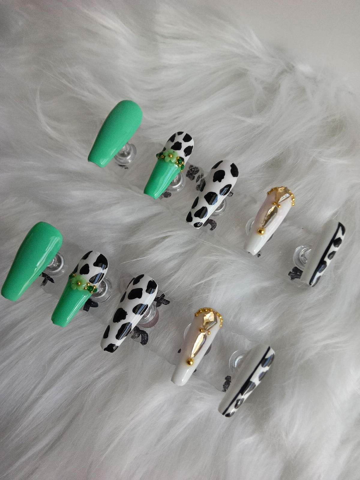 Mint Green and Cow Print handmade Press On set