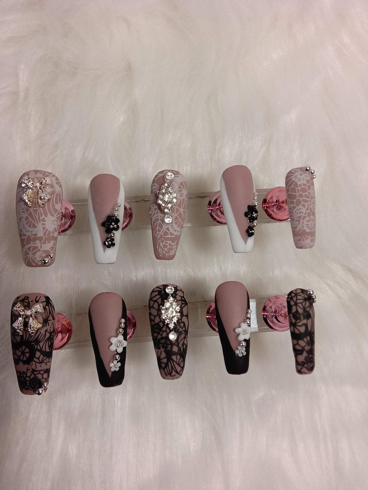 Elegant Matte Black and White Lace Press On nail set