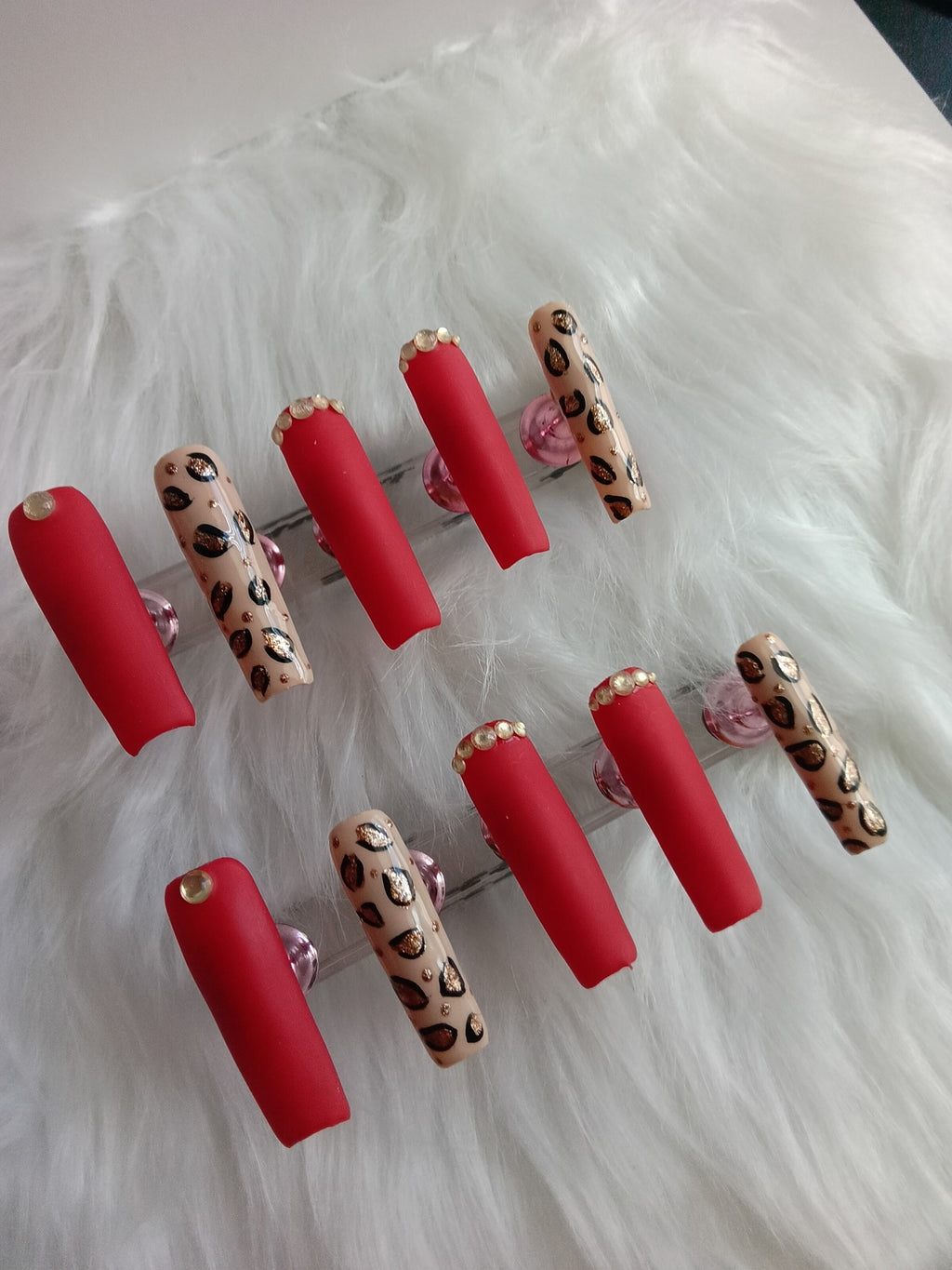 Matte Red and Cheetah print Press On set