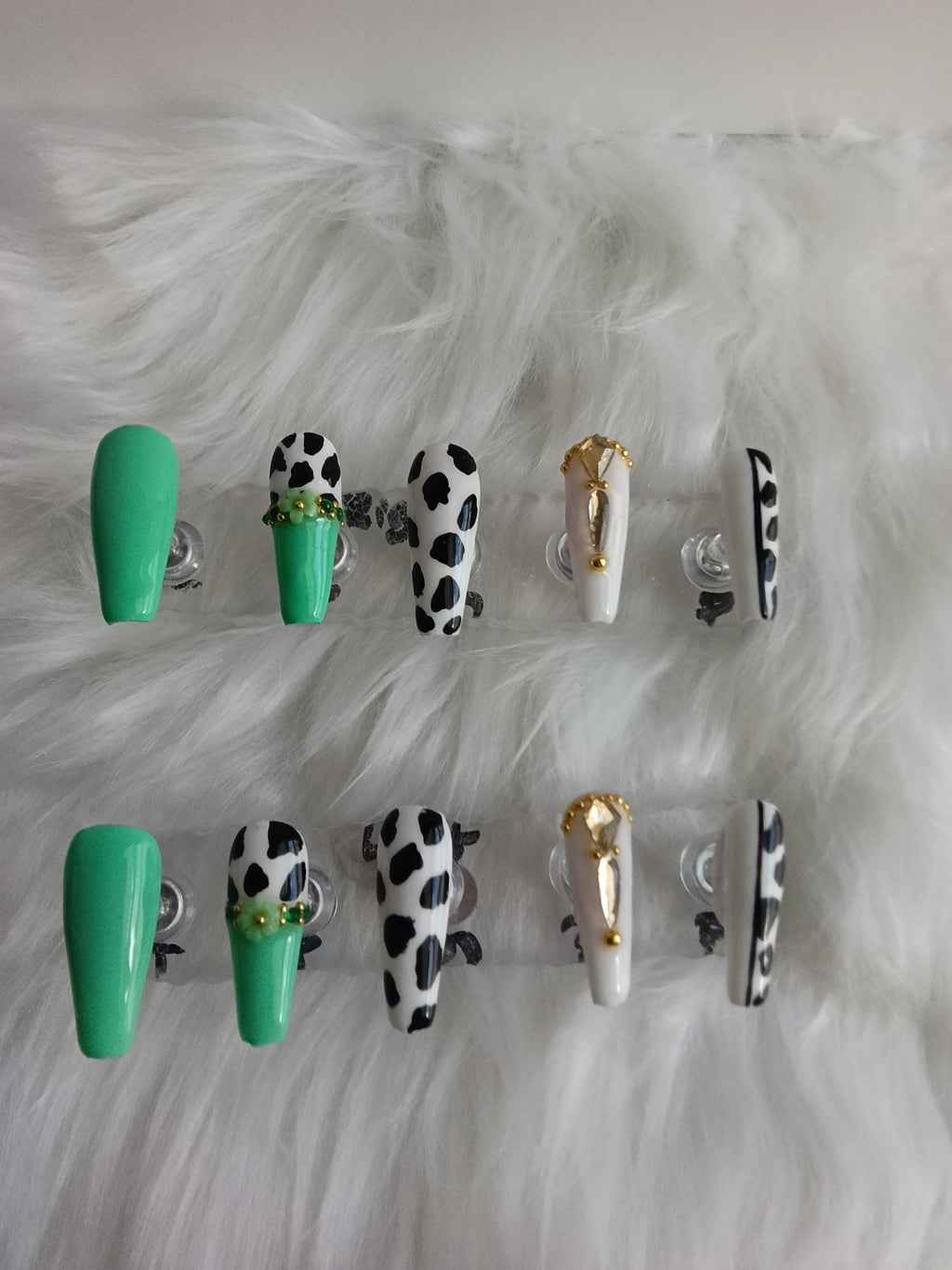 Mint Green and Cow Print handmade Press On set