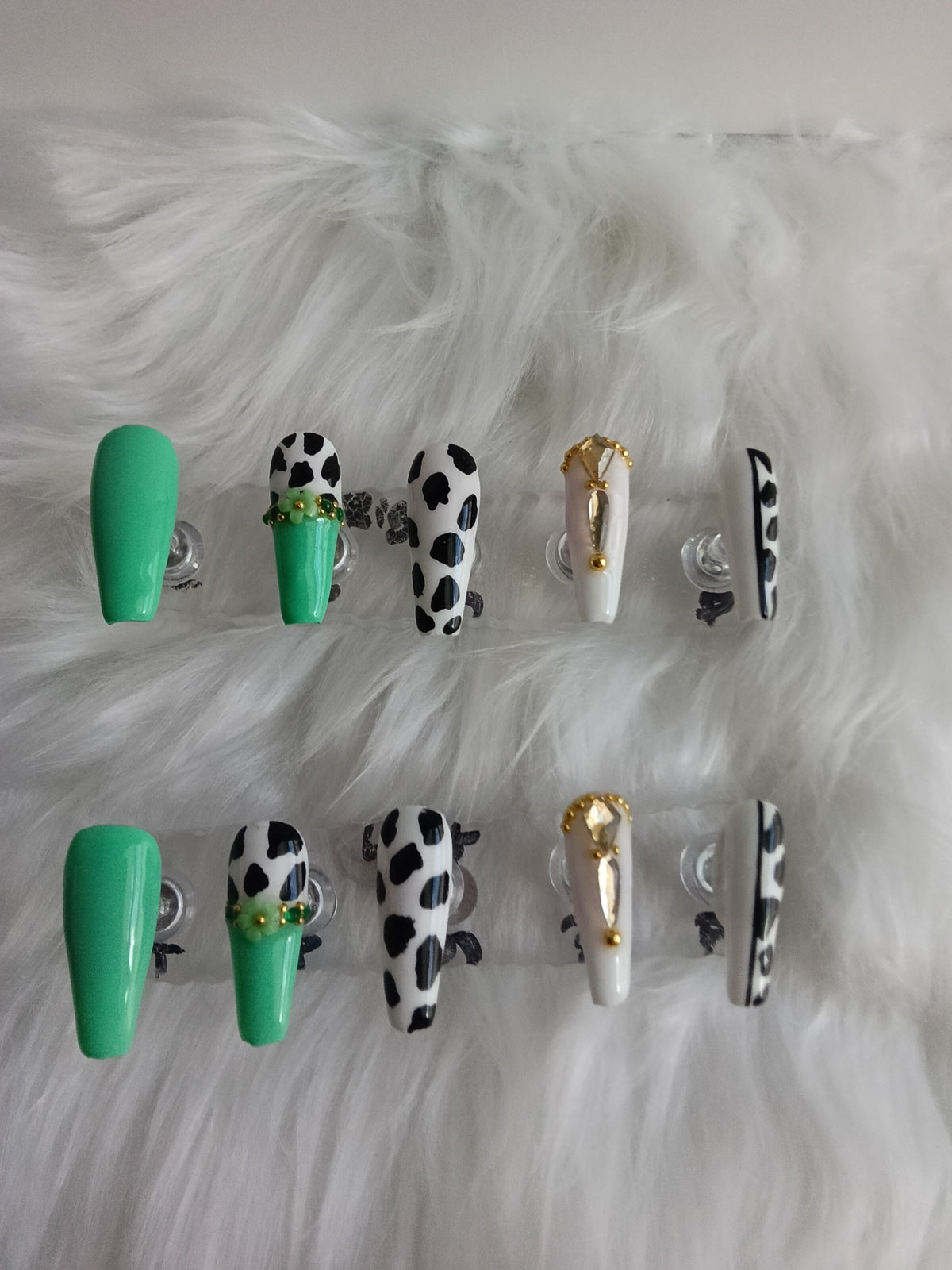 Mint Green and Cow Print handmade Press On set