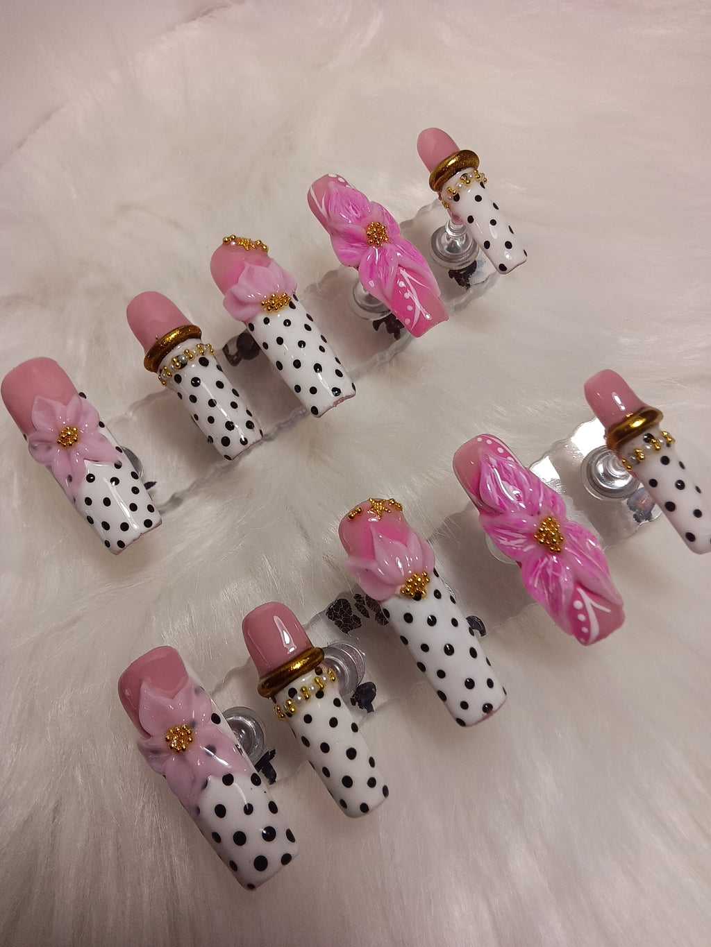Luxury Black and White Polka-dot  Press On nail set with Pink flowers