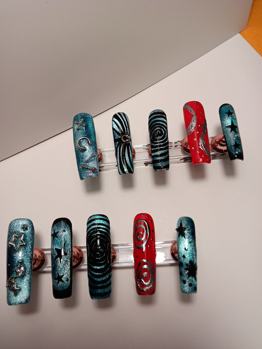 Blue and Red Rockstar Square Press-On Nails: 2XL Length, Glitter, Swirls, Stars